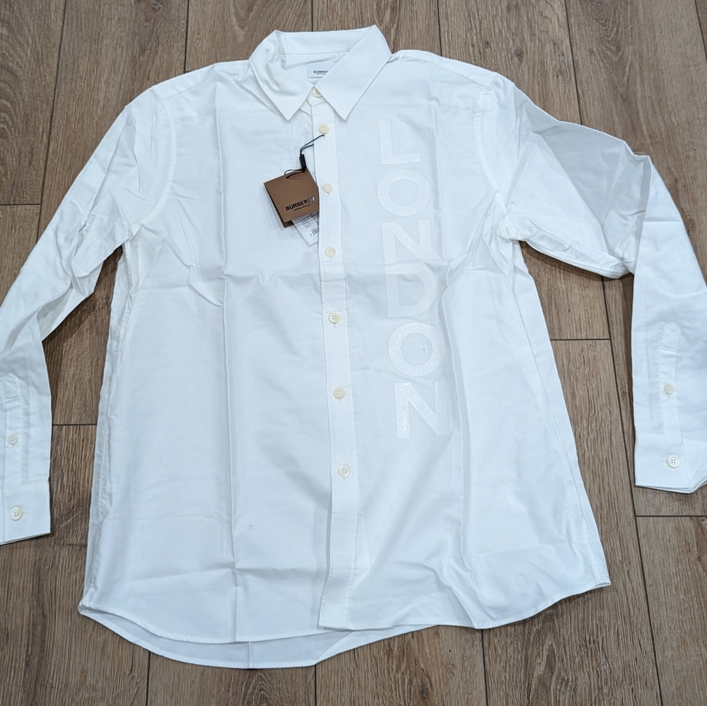 Mens Burberry London Print Oversized Sport Shirt White 40 US 15.75 (Medium)